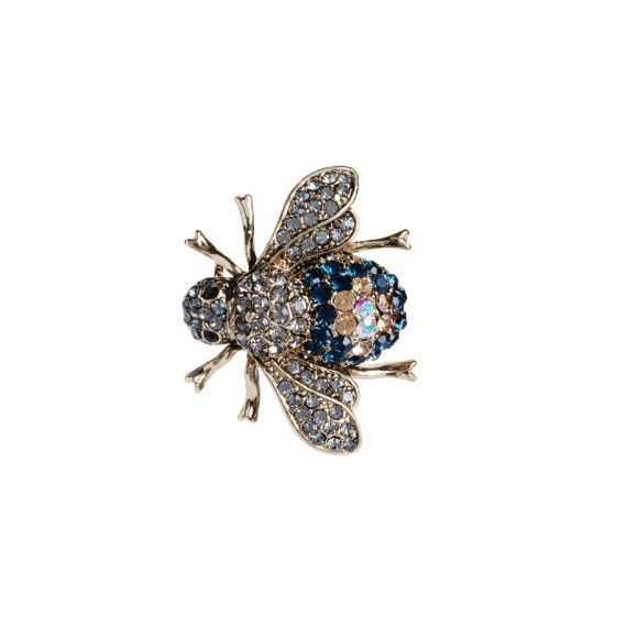 Blue and silver bead studded gold insect brooch with silver shaded beads on body as well as beads. Blue and silver bead studded gold insect brooch with silver shaded beads on body as well as beads.