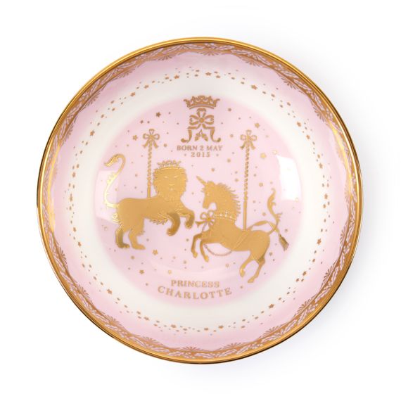 Pink fine bone china bowl, feayuring light and unicorn with gold gilding and text "Born 2 May 2013, Princess Charlotte" Pink fine bone china bowl, feayuring light and unicorn with gold gilding and text "Born 2 May 2013, Princess Charlotte"