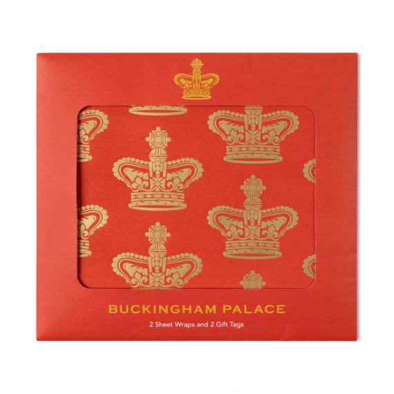 Crimson red packaging of  featuring gold crown logo of Buckingham Palace print on red paper.