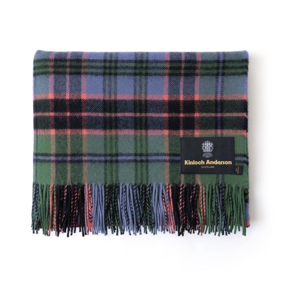 Kinloch Anderson labelled throw in Old Stewart Tartan in green, blue, pink and purple throw. 