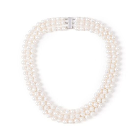 Elegant 3-strand white pearl necklace with individually knotted pearls and a sterling silver magnetic sliding clasp.