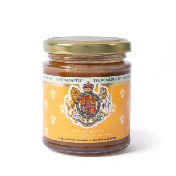 Scottish Heather Honey 227g glass jar with gold lid and Royal Pantry label, front view.