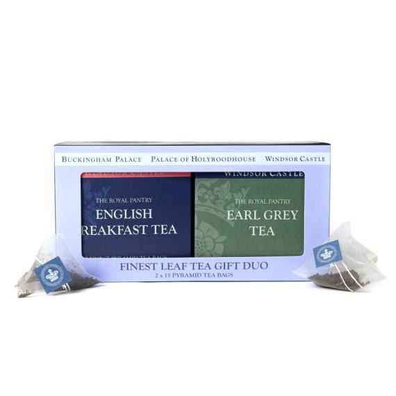 Royal Collection Trust Finest Leaf Tea Gift Duo featuring English Breakfast and Earl Grey tea in a presentation box with viewing window and two pyramid tea bags displayed alongside.