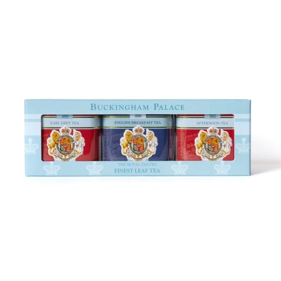 Gift set of three finest leaf teas from Buckingham Palace, presented in a pale blue box with a clear window. The set includes Earl Grey Tea, English Breakfast Tea and Afternoon Tea, each in a decorative tin featuring the Royal Coat of Arms and Royal Pantr