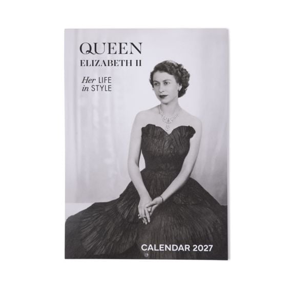 Queen Elizabeth II: Her Life in Style Calendar 2027 featuring a black-and-white portrait on the cover.