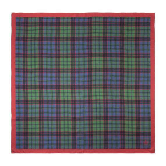 Square tartan silk scarf featuring a blue and green check pattern with red detailing and a contrasting red border.