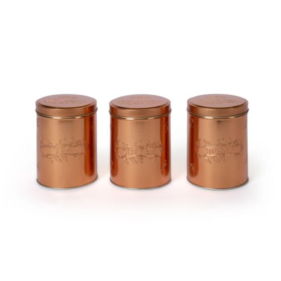 Set of 3 copper tins embossed with tea, coffee and sugar. Part of the  'Property of the royal kitchen range'