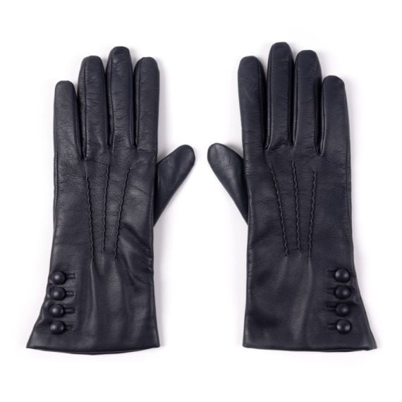 Pair of navy leather gloves with 4 buttons on the wrist.
