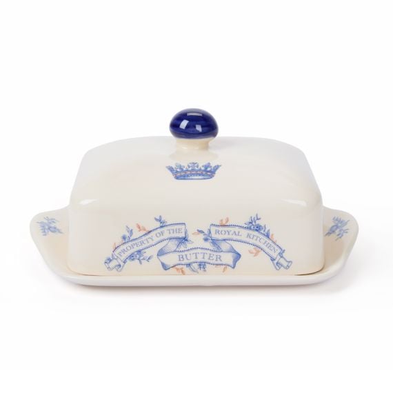 Cream earthernware butter dish with blue typeface on banner stating property of the Royal Kitchen Cream earthernware butter dish with blue typeface on banner stating property of the Royal Kitchen