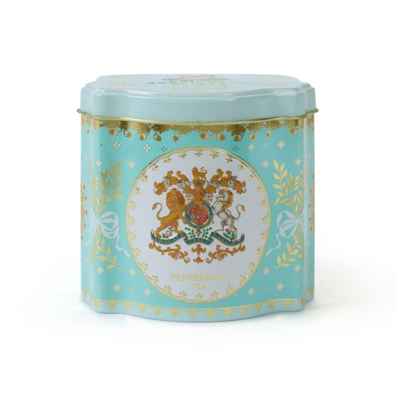 Mint green tin containing peppermint tea with the Royal Coat of  Arms crest