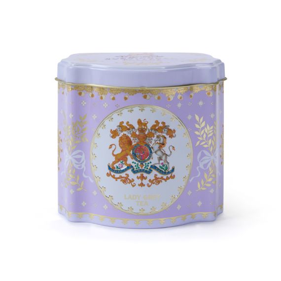 lilac tea caddy containing lady grey teabags, featuring Royal coat of arms lilac tea caddy containing lady grey teabags, featuring Royal coat of arms