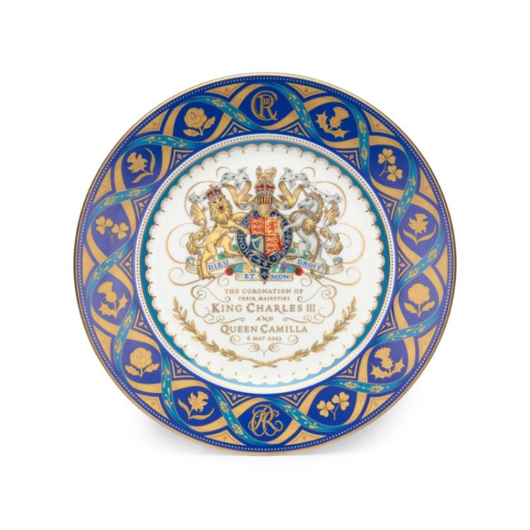 blue, white, and gold coronation commemoration dessert plate.