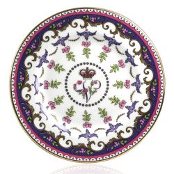 Queen Victoria side plate with design featuring Queen Victoria's name cipher surrounded by floral patterns and gold plated rim.