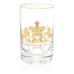 Buckingham Palace gold plated logo tot glass featuring a gold plated rim and the words Buckingham Palace under a lion and unicorn crest 