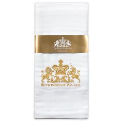Buckingham Palace logo pack of 2 waffle tea towels. Each white cotton tea towel features the gold embroidered words Buckingham Palace under a lion and unicorn crest. 