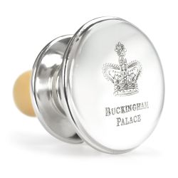 Buckingham Palace Chrome Bottle Stopper featuring the engraved words Buckingham Palace under a crown. 