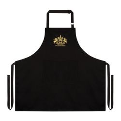 black apron embroidered with the unicorn and lion crest and the words 'Palace of Holyroodhouse' in gold threads