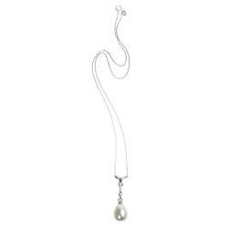 Pearl pendant silver necklace featuring a teardrop shaped pearl linked to a crystal bead and a silver chain. 
