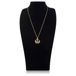 Queen  Victoria coronet gold pendant necklace with a design featuring a coronet embeded with sparkling crystals and a link chain with scattered beads. 