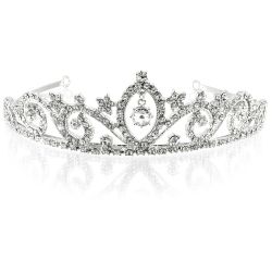 Crystal metal tiara featuring a central crystal bead drop surrounded with embeded sparkling crytals over an ornated band with wave form shapes.  