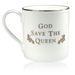English fine bone china Royal Coat of Arms coffee mug featuring a lion and unicorn crest topped with a crown. the back of the mug has the words God Save The Queen writen in gold.  