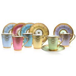 The full Imperial Russian cup and saucer set displayed in a gift box with a design featuring gilded borders and ornated gold patterns in 6 individual pastel coloured backgrounds. Green, yellow, turquoise, pink, blue and purple. 
