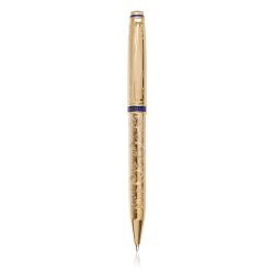 Buckingham Palace gold ballpoint pen featuring engraved details inspired on decorative wall mouldings at Buckingham Palace and displayed in its individual gift box.