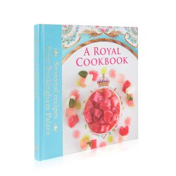Illustrated front cover and pages from A Royal Cookbook: Seasonal recipies from Buckingham Palace book.