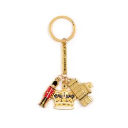 gold coloured keyring with guardsman, Imperial State crown and Windsor Castle facade symbols