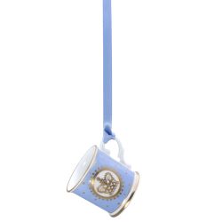 Miniature blue tankard with gold crown detail. It is  hanging from a blue ribbon
