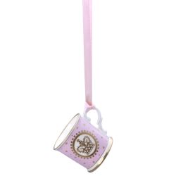 Miniature pink tankard with gold crown detail. It is  hanging from a pink ribbon