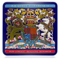 Purple open biscuit tin. Gold, blue, red and white crest on the front of the tin and the tin is open displaying a selection of chocolate chip and chocolate biscuits