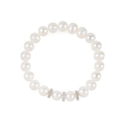 Circular pearl bracelet with three intermittent crystal discs between four pearls