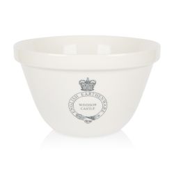 white earthenware mixing bowl with pale navy crest and 'Windsor Castle' printed at the centre