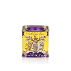 Small tin Afternoon Tea tea caddy with a purple and yellow design and a lion and unicorn crest at the centre of the design