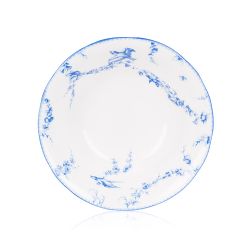Aerial view of the Royal Birdsong bowl. A white bowl with a blue pattern of flower garlands and birds