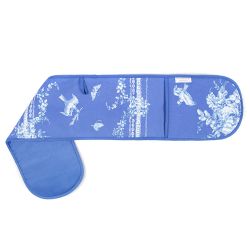 blue double oven glove with white floral garland and bird design