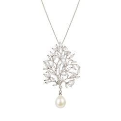 Crystal branch pendant with a pearl drop. The pendant is on a chain.