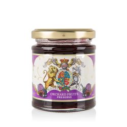 glass jar of orchard fruit jam with a purple and white label with the lion and unicorn crest at the centre