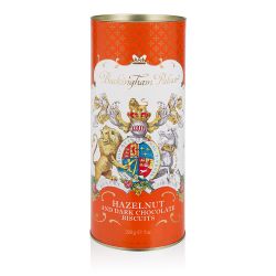 Orange cardboard tube of Hazelnut and dark chocolate biscuits. The lion and unicorn crest is at the centre of the design underneath the words 'Buckingham Palace'