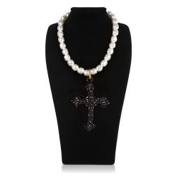 Pearl necklace with a black beaded cross drop