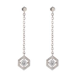 Hexagon earrings with a crystal at the centre on a drop chain.