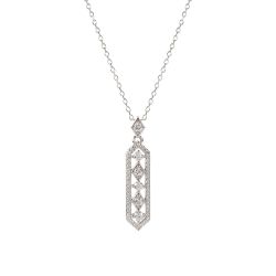 Silver chain with an oblong pendant drop featuring some diamond shaped crystals