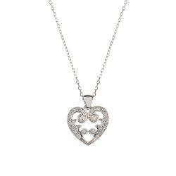 Silver heart shaped necklace with intricate details on a chain 