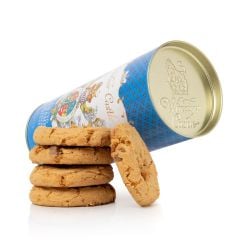 blue cardboard tube of salted caramel and milk chocolate biscuits with crest at the centre