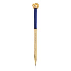 Buckingham Palace pen. Topped with a gold coloured crown. The bottom half of the ballpoint pen is gold and the top half is blue