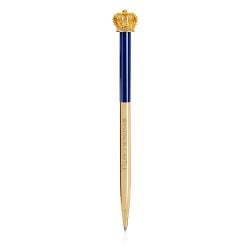 windsor castle pen. Topped with a gold coloured crown. The bottom half of the ballpoint pen is gold and the top half is blue