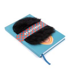 blue notebook with a black fluffy bearskin and printed face of a guardsman