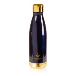 blue metal water bottle with gold lid and printed with Buckingham Palace and a crown in gold
