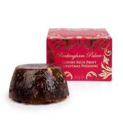 Buckingham Palace Christmas pudding crammed with cherries, sultanas, almonds and walnuts, presented in a opulent red and gold gift box.